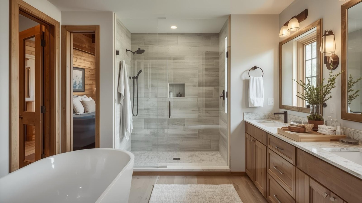 Luxury spa bathroom with custom tile work in Austin custom home by Wildflower Custom Homes
