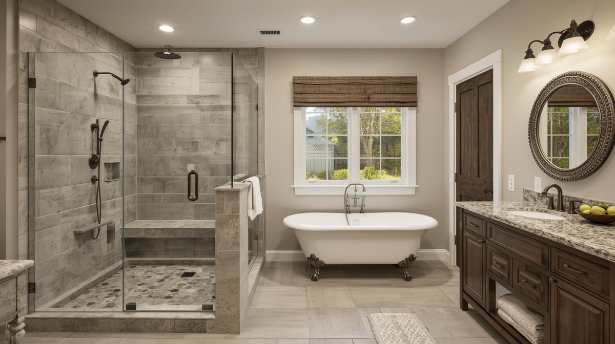 Master bathroom walk-in shower with frameless glass and custom tile in Round Rock Texas custom home