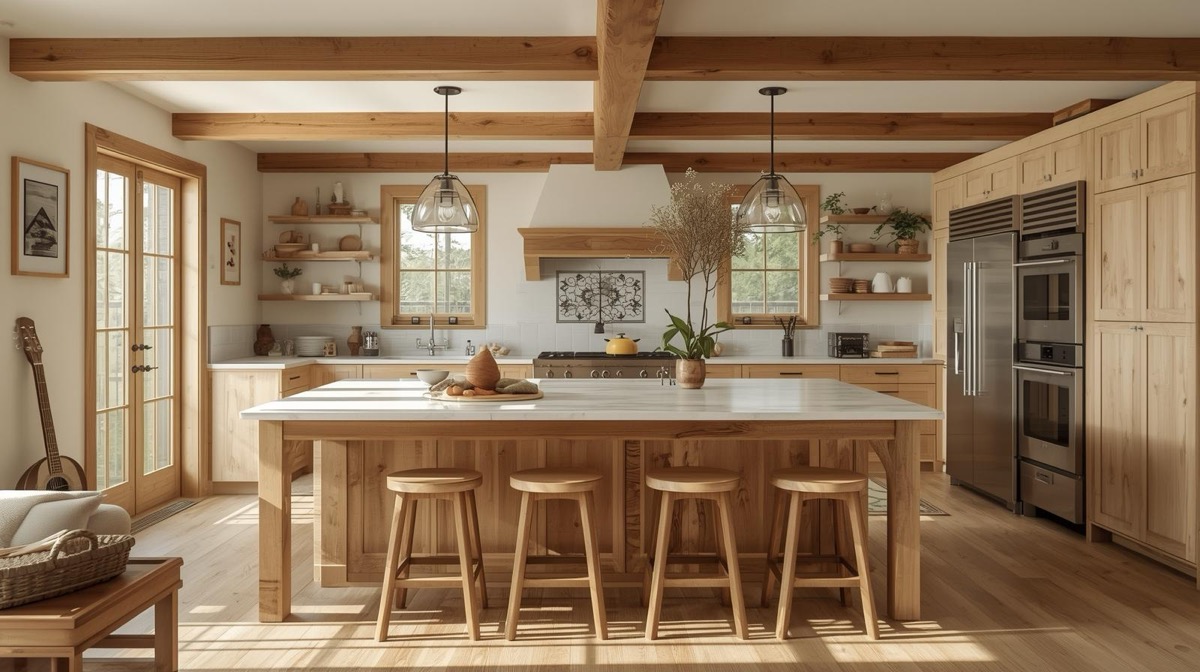 Open concept farmhouse kitchen with custom cabinets and island in Austin custom home